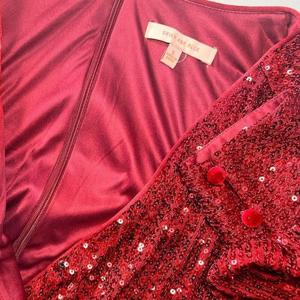 Red Sequin Jumpsuit Long Sleeve Wide Leg V Neck Wrap Formal Women’s Small - Picture 4 of 7